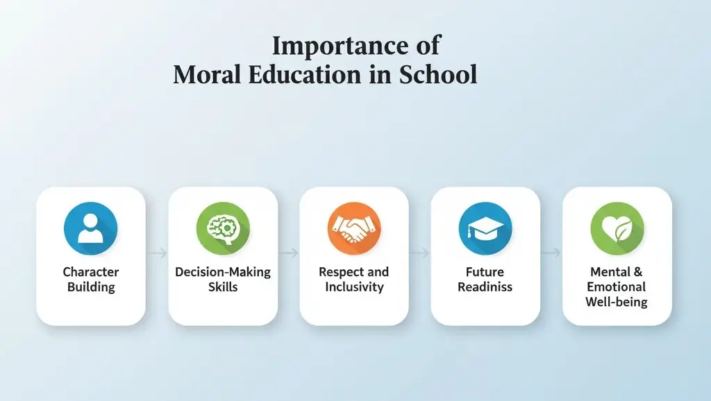 Infographic showing the need for moral education in school through five key aspects — character building, decision-making skills, respect and inclusivity, future readiness, and mental & emotional well-being.