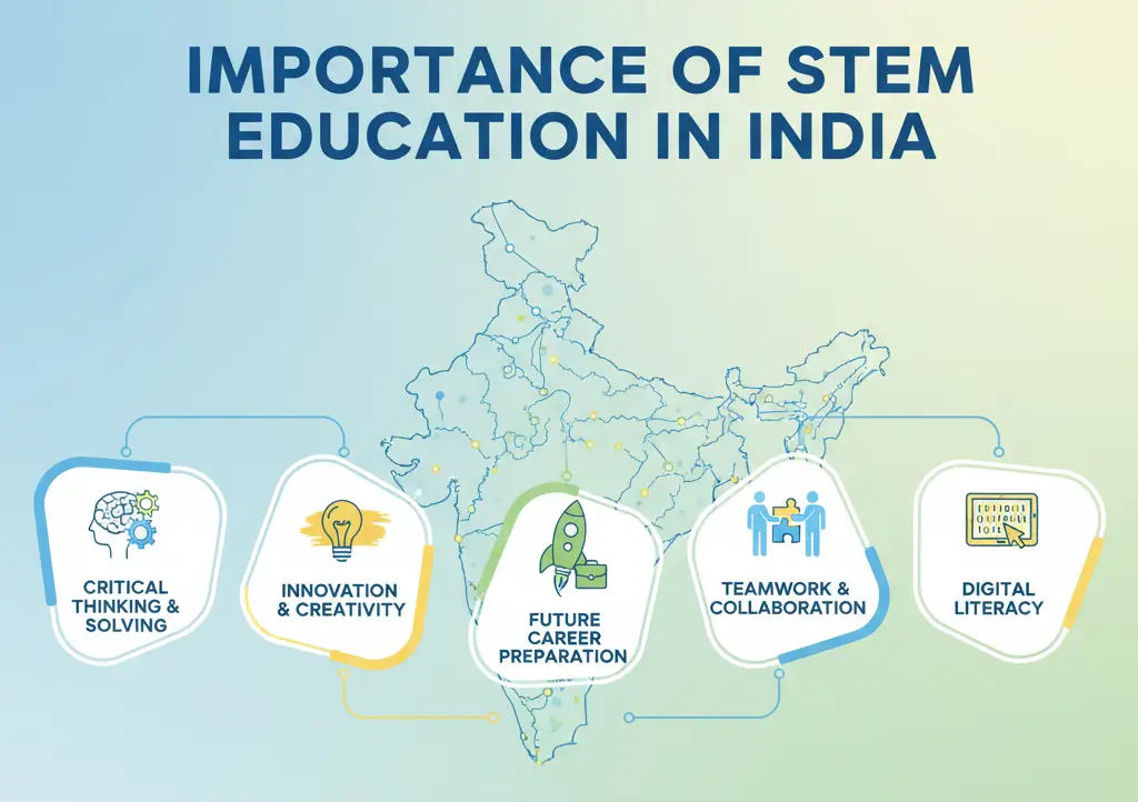 Infographic showing the importance of STEM education in India with icons for critical thinking, innovation, future career preparation, teamwork, and digital literacy.