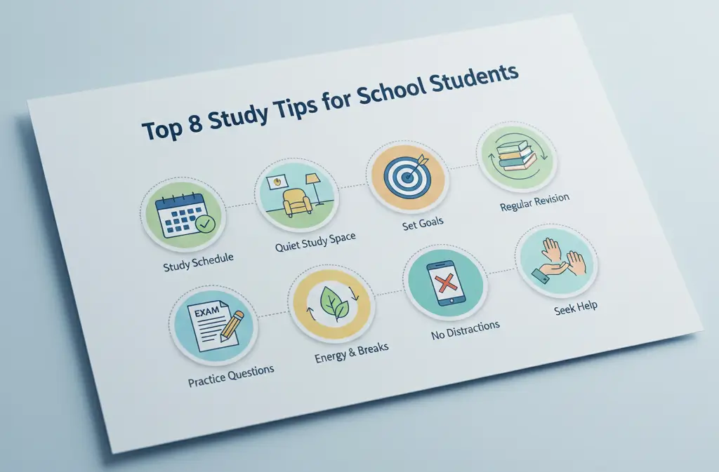 Infographic showing top 8 study tips for school students with icons representing schedule, quiet study space, goals, revision, practice tests, healthy breaks, no distractions, and seeking help.