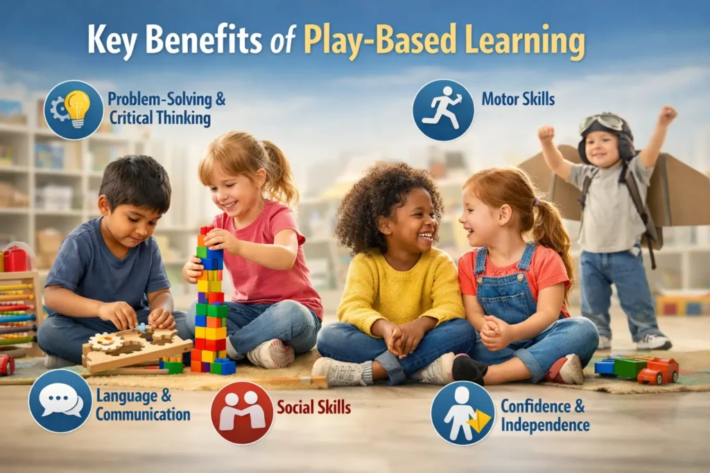 Children engaging in play-based learning activities to develop problem-solving, motor skills, social skills, communication, and confidence in a preschool classroom