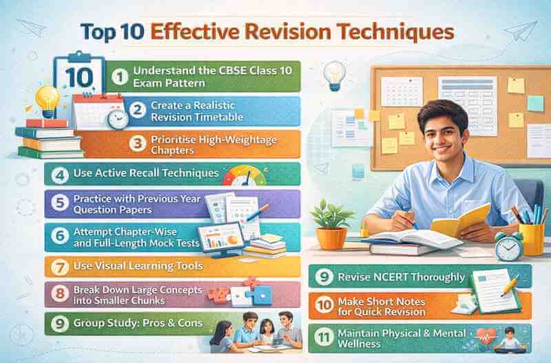 Top 10 effective revision techniques infographic for CBSE Class 10 students showing exam preparation strategies and smart study methods