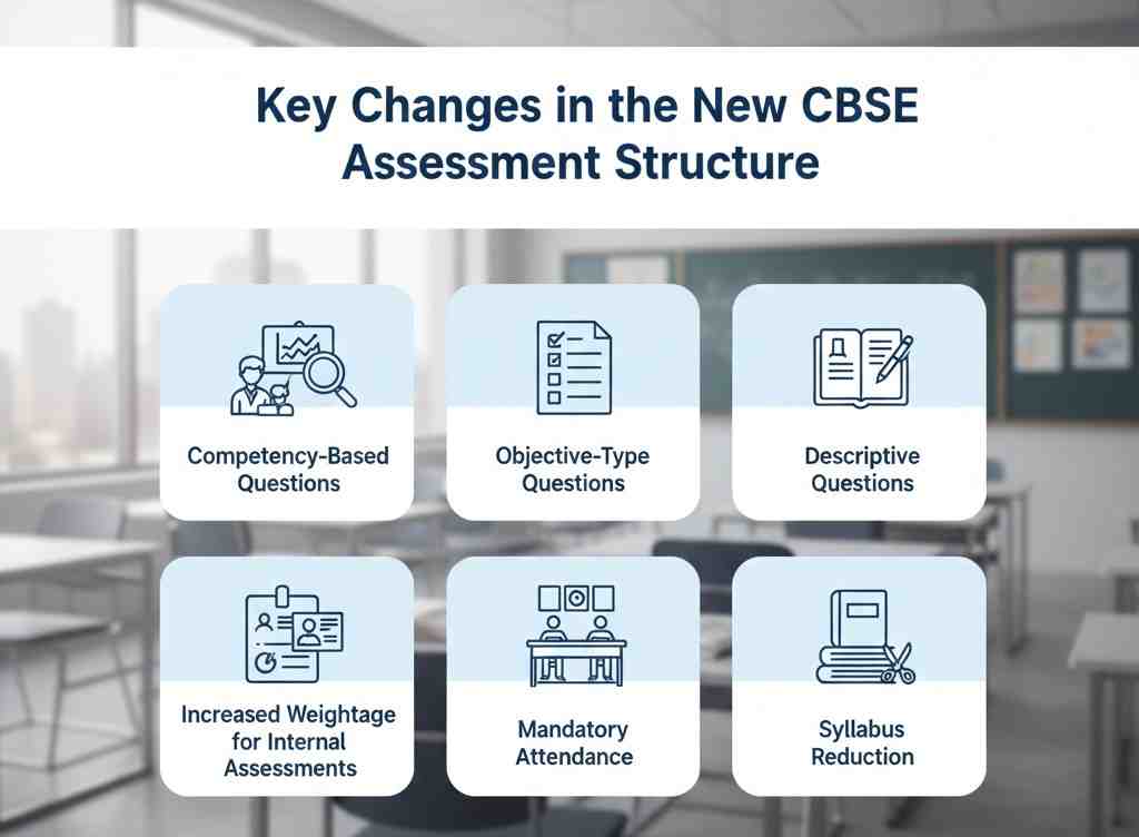Key changes in CBSE’s New Assessment System 2025 showing competency-based questions, objective questions, descriptive questions, internal assessment weightage, mandatory attendance and syllabus reduction