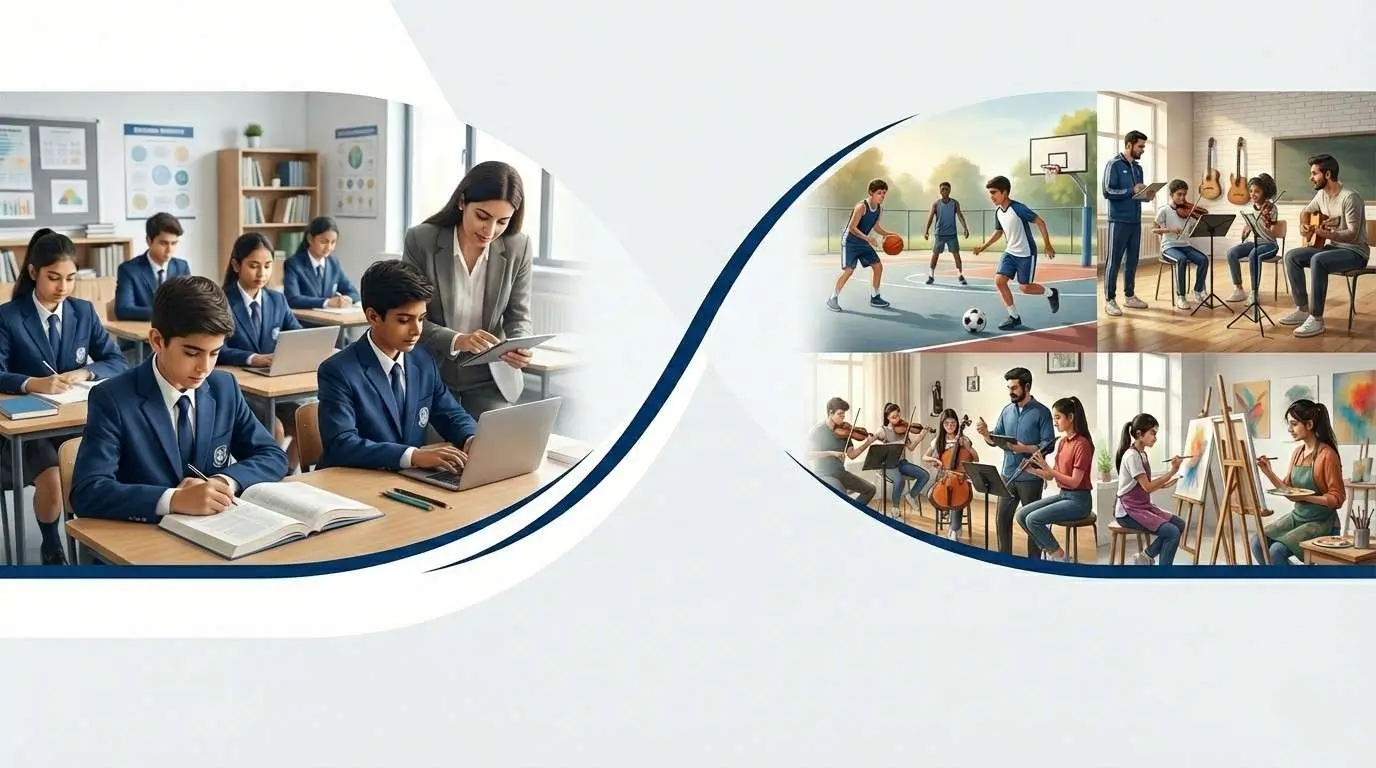 Balanced Education at HPS Narnaul showing students engaged in classroom learning along with sports, music, and creative activities for overall development